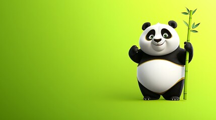 Cartoon panda holding bamboo in a green gradient background, for children's book or animation