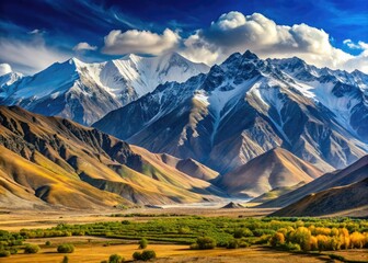 Majestic Hindu Kush mountains, snow-clad, frame the Wakhan Corridor's breathtaking Tajikistan-Afghanistan border.