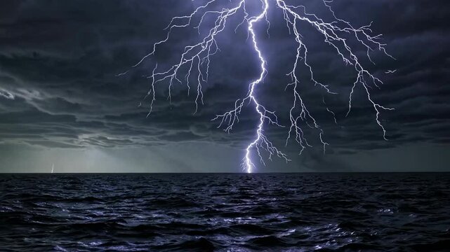 Lightning Flash Over The Ocean at Dusk with Dark Storm Clouds