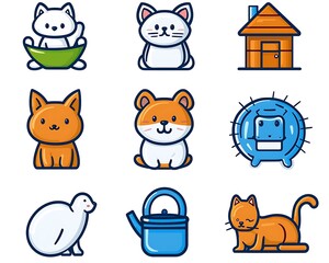Cartoon pets and home icons, isolated on white, for digital designs and web illustrations