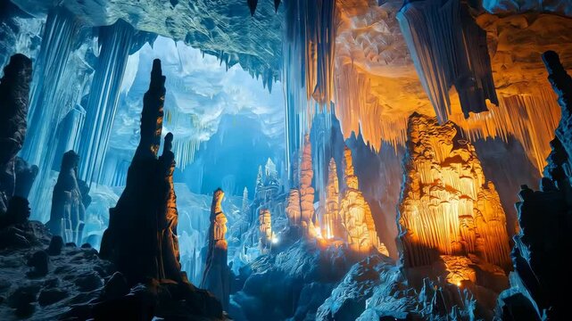 Visit a breathtaking karst cave showcasing magnificent stalactites and stalagmites illuminated by ethereal white light. Experience nature's wonder in this captivating formation.