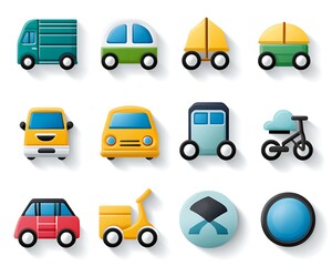 Cartoon transport icons in rows, delivery & travel. UI/UX design, app background, web icons, navigation