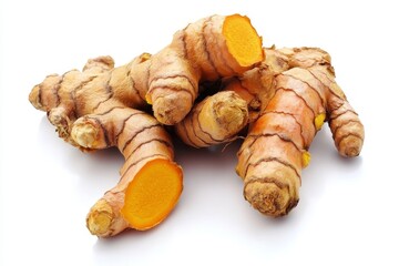 Fresh Turmeric Root - High-quality of fresh turmeric root, showing the vibrant orange inside and the earthy brown exterior. Ideal for culinary and health-related content