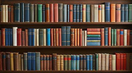 traditional oak wood bookcase filled with colorful vintage books, showcasing rich collection of literature and history