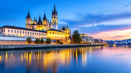 Fototapeta premium Cathedral reflecting on river at dusk. City lights glow on riverbank as sky colors blend in background for tourism