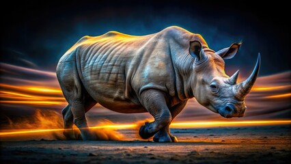 Fototapeta premium Night falls on a rhino; a long exposure image reveals its blurred motion as a dark silhouette against the night.