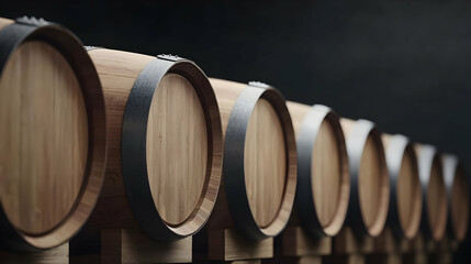 Wooden Barrels in a Row Against Dark Background Displaying Texture and Detail