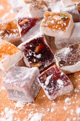 Sweet food Turkish delight, assorted rahat locum in form of cubes with nuts and powdered sugar, traditional food