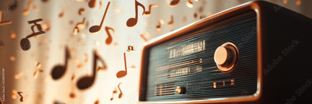 Poster vintage radio plays music while musical notes float in the air creating a nostalgic atmosphere at ho
