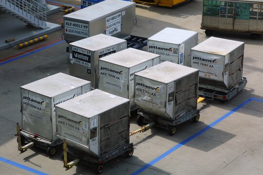 SEOUL, SOUTH KOREA - APRIL 10, 2023: Air freight containers in Seoul Incheon Airport, the main airport of South Korea.