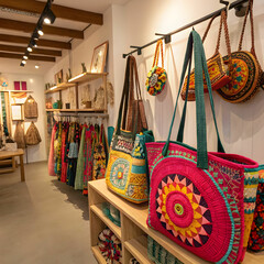 beautiful vibrant handmade bags in a store