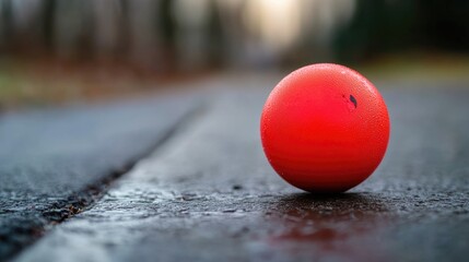 A red ball is left on the side of the road, possibly from a game or toy