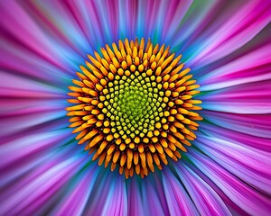 Close-up colorful coneflower blooming, blurred petal background, for floral design