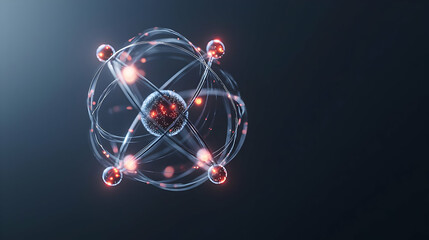 Abstract Atomic Structure with Glowing Red Nodes and Blue Spheres on a Dark Background