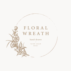 Floral frame. Hand drawn vintage botanical flower wreath. Elegant logo template. Vector illustration for labels, corporate identity, wedding invitation, monogram, floral emblem