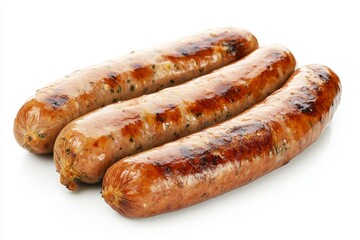 Grilled Sausages Isolated on White Background - Three juicy grilled sausages, plump and flavorful, symbolize summer barbecues, delicious meals, hearty eating, satisfying hunger, and outdoor fun