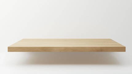 A high-angle, full shot of a light beige wooden table top, smooth-textured and homogenous in color, resting on a simple, unseen base, isolated against a pure white background.