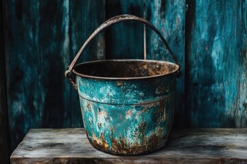 Fototapeta premium A bucket sits atop a wooden table, awaiting use or storage