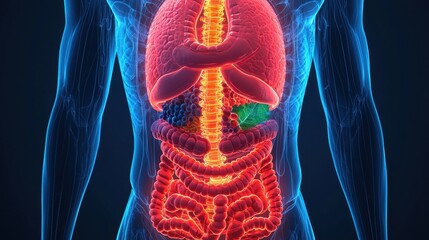 A vibrant, anatomical illustration of the human torso, highlighting the internal organs with glowing colors for educational and visual impact.