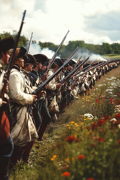 Battle of Long Island reenactment with Revolutionary War soldiers in formation