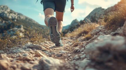 Person running on rocky trail. A pair of men's sports shoes with a pair of legs. Backpack running along a mountain path. An individual jogging along a rugged path lifestyle.