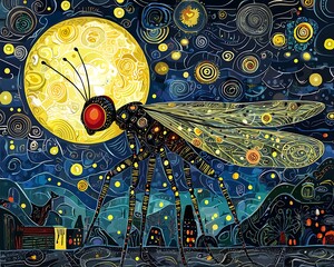 Insect stands before moonlit sky; an illustration for children's stories, books, or artwork