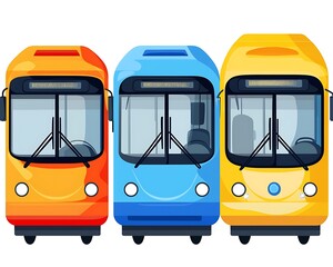 Colorful cartoon buses parked on white backdrop, for public transportation designs