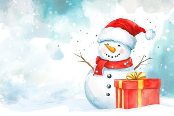 Fototapeta premium Joyful Snowman Gift Illustration - A cheerful snowman in a Santa hat and red scarf holds a gift, symbolizing winter holidays, festive cheer, generosity, winter wonderland, and Christmas spirit