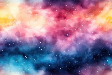 Obraz premium A vibrant watercolor galaxy scene with a blend of purple, pink, and blue hues, speckled with white stars against a cosmic backdrop.