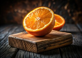Saturated orange segments gleam, a low-light close-up against warm wood grain.  Juicy citrus perfection.