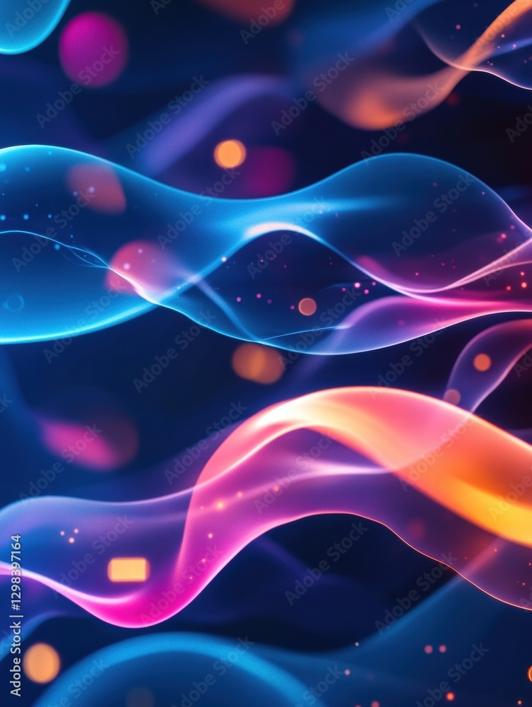Poster Soft glowing waves of color flow seamlessly across a dark background in an abstract design. Generative AI