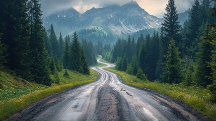 Serene winding road through lush green forest with majestic mountains in the background during overcast weather