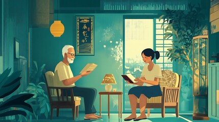 A serene indoor moment, showcasing a man and woman reading in a cozy living space.