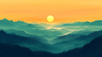 Fototapeta premium A serene sunset view over misty mountains with vibrant colors in the sky.