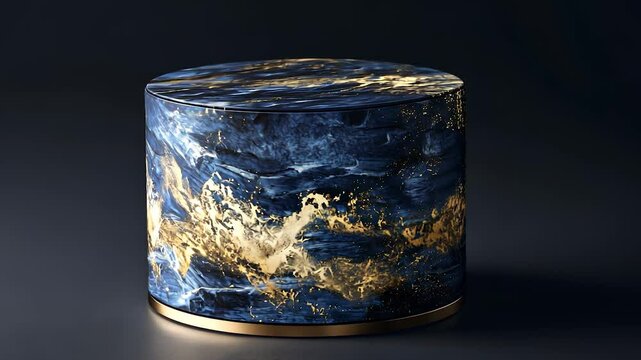 Blue and gold box with gold lid. Round marble gift box. A dark glare of light on a dark background. A box in blue and gold featuring a golden lifestyle top.
