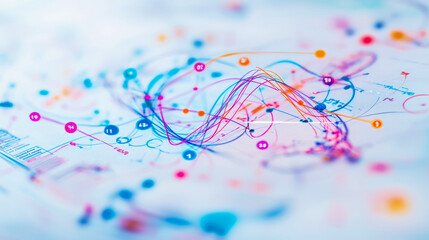 Fototapeta premium Data Flow Visualization: An intricate network of colorful connections over a detailed analytical report for graphic element