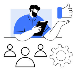 Person holding clipboard analyzing progress, thumbs-up symbol indicating approval, team members, and gear highlighting collaboration. Ideal for leadership, teamwork, evaluation, productivity