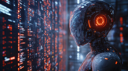 Futuristic robot observing data wall in server room