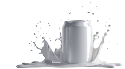 White soda can mockup photograph with white water or milk splash product photography on white background floating in the air.