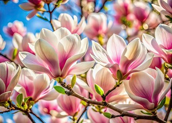 Obraz premium Spring's ephemeral beauty: architectural photography captures stunning pink and white magnolia blooms.