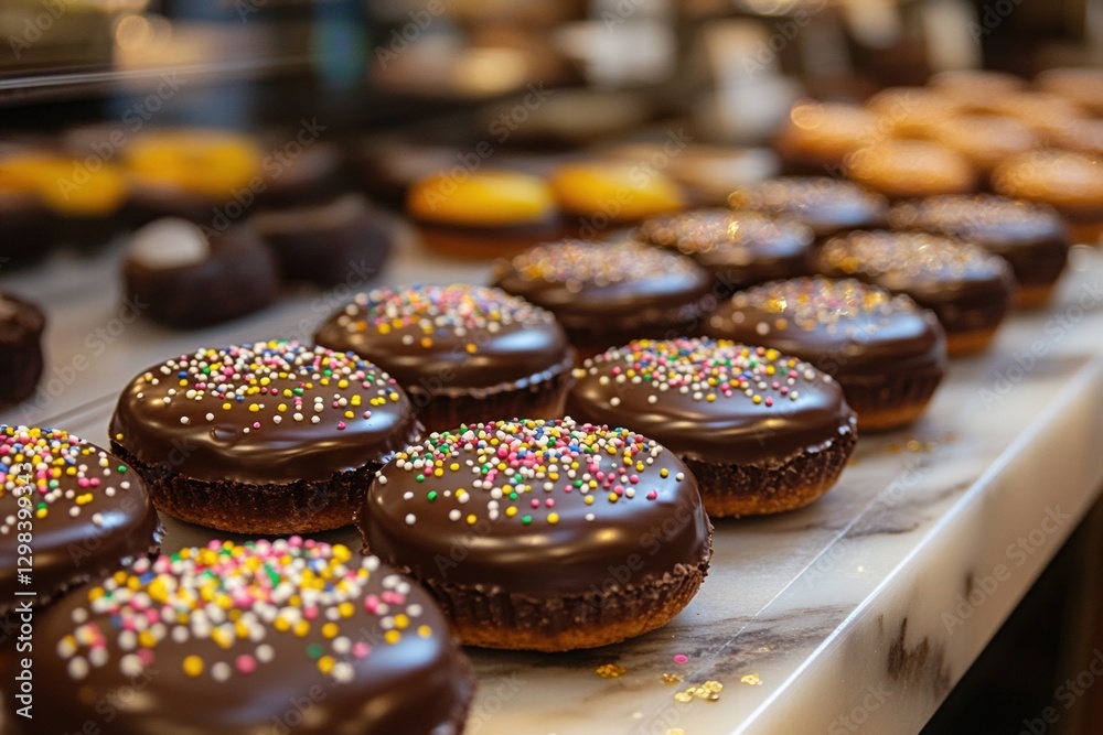 Poster Delicious chocolate donuts with colorful sprinkles on display in a bakery. Generative AI