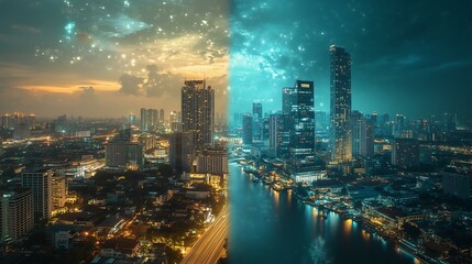 Obraz premium Stunning city skyline at twilight, showcasing modern architecture and vibrant colors.