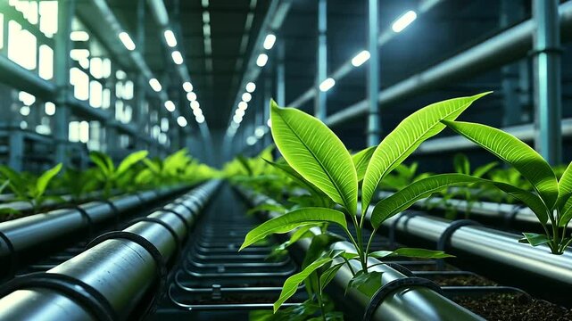 A lush green plant growing unexpectedly alongside towering gas pipelines inside a bustling oil and gas production plant, symbolizing nature coexisting with industry