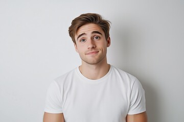 Obraz premium Handsome young man in white t-shirt looking slightly skeptical with raised eyebrows against neutral background. Concept of doubt and curiosity