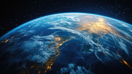 Image of the Earth at night from space, showing city lights and natural darkness