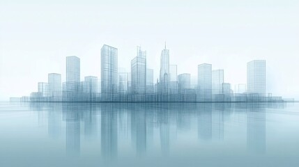 Fototapeta premium Abstract wireframe cityscape with reflective surface against a light background