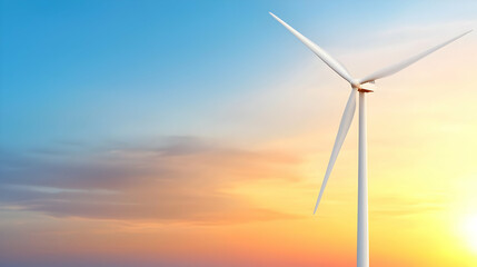 Fototapeta premium Wind turbine stands against a colorful sunset sky during golden hour to generate clean renewable energy.