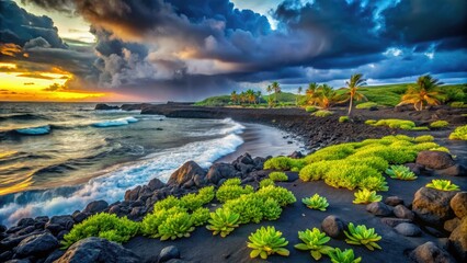 Obraz premium Surreal Hawaii: Black sand meets pahoehoe lava, volcanic rock, and hardy coastal plants at Punalu'u.