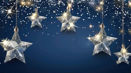 Fototapeta premium Sparkling silver stars and twinkling lights on deep blue night sky background with space for text