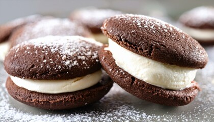 chocolate whoopie pies with cream filling and powdered sugar